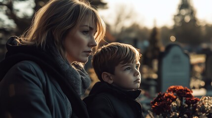 Obraz premium sad Caucasian woman and kid in front of a tombstone in a cemetery , mother and son visit a relative grave such as dead father or grandparents 