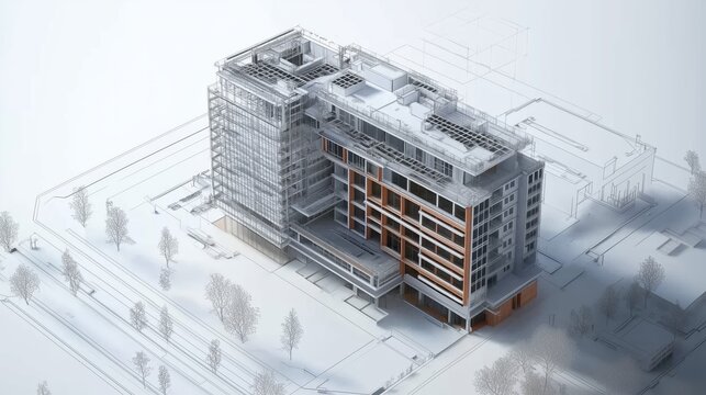 Modern Architectural Design Featuring High-Rise Building Blueprint and 3D Model Visualization for Urban Development - Powered by Adobe