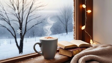 A winter evening photo outdoors: a tree decorated with garlands stands in the snow, next to a wooden table with a mug of hot cocoa and gingerbread. Lights twinkle around, creating a warm, festive atmo