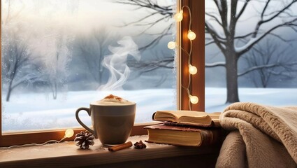 A winter evening photo outdoors: a tree decorated with garlands stands in the snow, next to a wooden table with a mug of hot cocoa and gingerbread. Lights twinkle around, creating a warm, festive atmo
