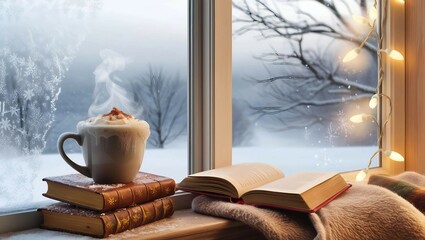 A winter evening photo outdoors: a tree decorated with garlands stands in the snow, next to a wooden table with a mug of hot cocoa and gingerbread. Lights twinkle around, creating a warm, festive atmo