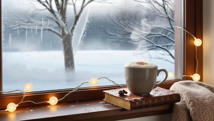 A winter evening photo outdoors: a tree decorated with garlands stands in the snow, next to a wooden table with a mug of hot cocoa and gingerbread. Lights twinkle around, creating a warm, festive atmo