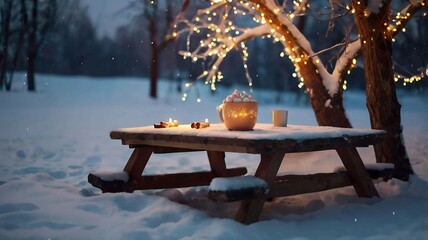A winter evening photo outdoors: a tree decorated with garlands stands in the snow, next to a wooden table with a mug of hot cocoa and gingerbread. Lights twinkle around, creating a warm, festive atmo