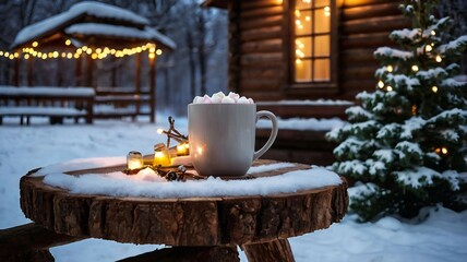 A winter evening photo outdoors: a tree decorated with garlands stands in the snow, next to a wooden table with a mug of hot cocoa and gingerbread. Lights twinkle around, creating a warm, festive atmo