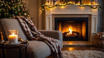 A cozy living room photo. A mug of hot chokolate and gingerbread on the table. Warm lighting creates a festive atmosphere