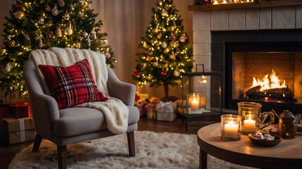 A cozy living room photo. A mug of hot chokolate and gingerbread on the table. Warm lighting creates a festive atmosphere