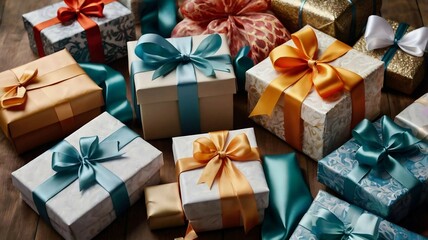 Gifts: Elegantly wrapped boxes with bright and bows. New Year's atmosphere