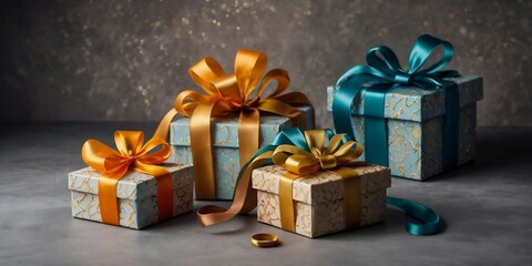 Gifts: Elegantly wrapped boxes with bright and bows. New Year's atmosphere