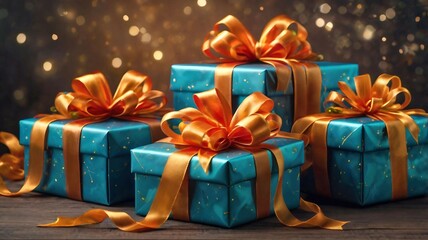Gifts: Elegantly wrapped boxes with bright and bows. New Year's atmosphere
