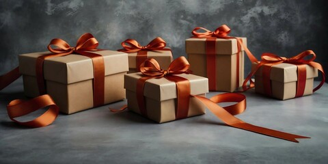Gifts: Elegantly wrapped boxes with bright and bows. New Year's atmosphere