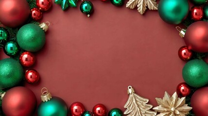 red-green background frame in the form of Christmas tree decorations, festive atmosphere