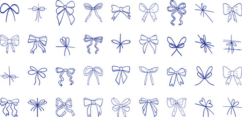Set of minimalist various bow knots, laces, ribbons. Hand drawn Vector illustration