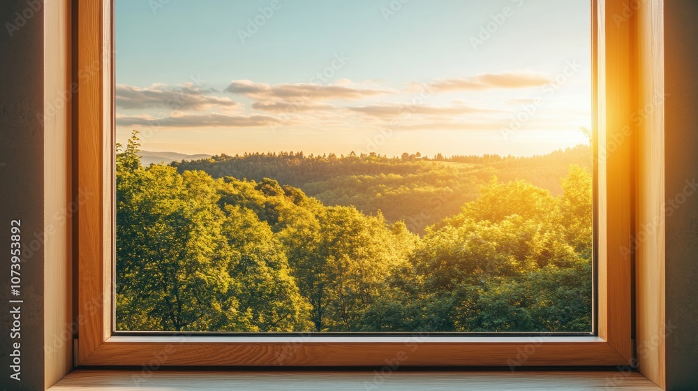 Poster sunlight streams through a window, illuminating lush green trees and rolling hills, creating a seren