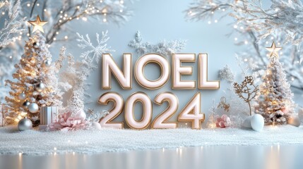 Festive logo design featuring NOEL 2024 with Christmas trees and snowflakes in a black and white theme