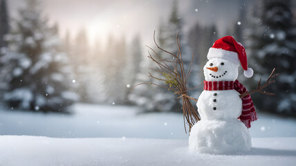 Obraz premium A cheerful snowman wearing a red hat and scarf stands in a snowy landscape with pine trees during a winter sunset