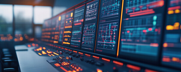 Obraz premium Futuristic control panel with glowing screens and buttons in a tech environment.