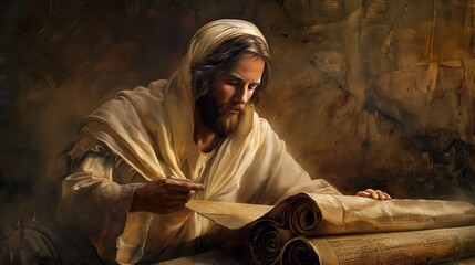 Serene Image of Jesus in Heaven Reading an Ancient Scroll With Reverence and Thoughtfulness Amid Heavenly Light