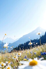 Vibrant wildflowers, including delicate daisies, bloom across a sunlit alpine meadow, set against a backdrop of majestic mountains and a clear blue sky. the scene exudes tranquility and natural beauty
