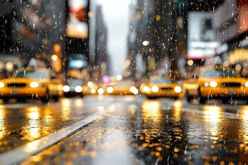 Rain falling on a city street with blurred yellow taxis and glowing lights in the background.