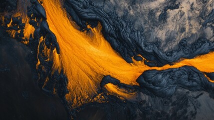 Naklejka premium A volcanic eruption, bright orange lava flows through cracks in the ground. Aerial view. 