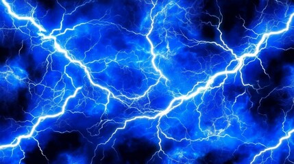 Lightning, electric thunderbolt strike of blue colour during night storm, impact, crack, magical energy flash. Thunderstorm flash on black background