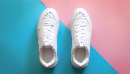 Plain white sneakers with minimalist design, sneakers, isolated on a soft blue and Pink Pastel