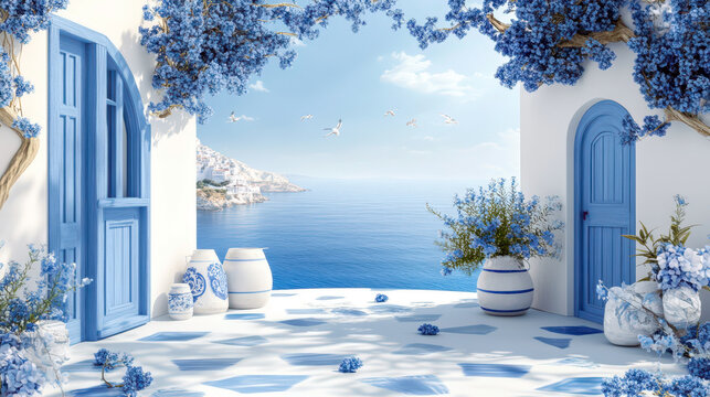 Greece independence day celebration by the sea - scenic views and traditional decor for holiday design. Horizontal banner. Copy space. Beautiful postcard from Greece