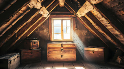 A rustic attic with wooden beams and vintage storage chests, illuminated by natural sunlight from a single window. Rustic. Illustration