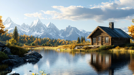 Naklejka premium A rustic cabin sits by a tranquil lake with a view of snow-capped mountains in the distance. Rustic. Illustration