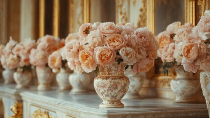 Delicate blush peonies nestled in elegant, ornate vases line a luxurious marble mantel. the scene...