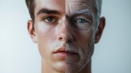 Obraz premium Close-Up Portrait of Half Young, Half Old Caucasian Man Highlighting Aging Process and Change