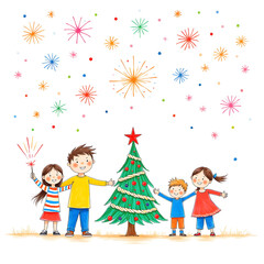 Joyful children celebrating christmas around decorated tree with festive fireworks, children's pencil drawing