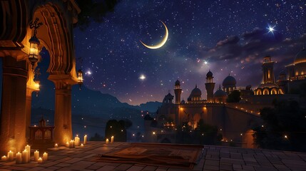 An enchanting scene of a mosque under a peaceful night sky, with a radiant Islamic lantern and the crescent moon surrounded by stars, celebrating Ramadan Kareem and the joy of Eid al-Fitr, 