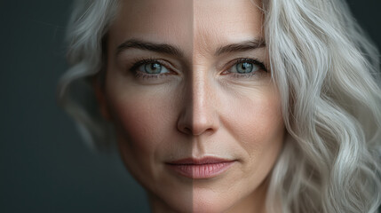 Naklejka premium Beautiful Portrait of a Mature Woman with Half Illuminated Face Displaying Natural Beauty and Aging Gracefully