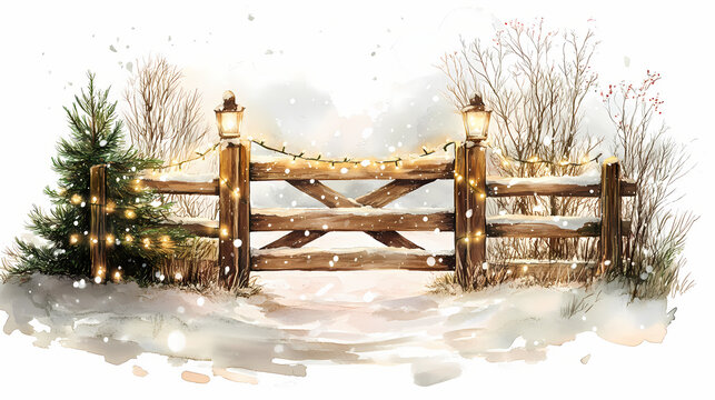 A rustic wooden farm gate with christmas lights, snow falling, watercolor illustration, isolated on white background. Rustic. Illustration