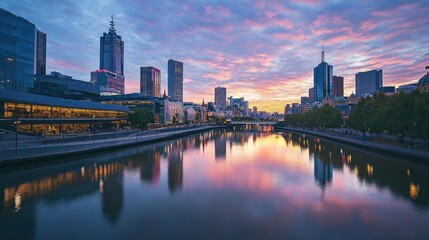 Cityscape Reflections in a River at Sunset