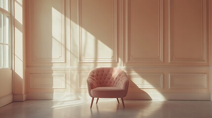 Empty studio with a pink chair in front of pale peach walls. Classic panel designs blending with soft shadows and minimalist modern furniture. Vertical photo, furniture store, luxurious interior