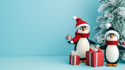 two penguins with Christmas tree , blue background with a frosted Christmas tree