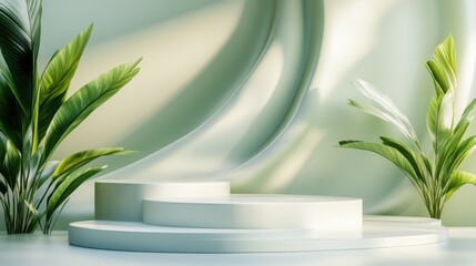 modern display with a minimalist podium surrounded by lush green leaves