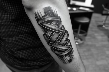 Intricate black and grey tattoo design on young adult’s forearm in studio
