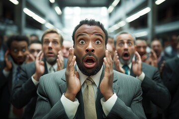 Surprised businesspeople react in shock during a meeting at a corporate office in the afternoon