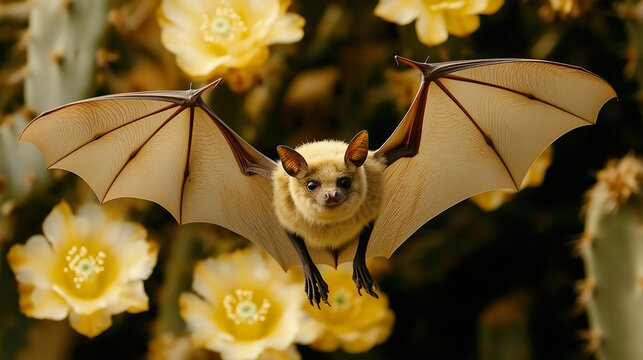 Bats feeding on cactus nectar in a colorful desert landscape at sunset