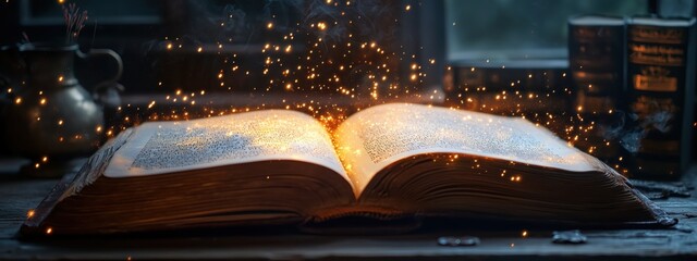 Enchanted Open Book With Magical Sparks on Wooden Table in Cozy Library Setting