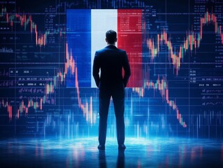 france finance and economy. a businessman standing in front of a digital trading platform, economic growth, stock market chart, investment trends global challenges and opportunities.