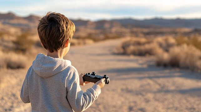 a 10 year old boy standing in the desert holding a remote controller car controller in his hands. We see the back of his head as he looks out into the wilderness