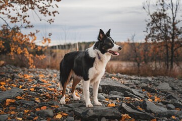 Naklejka premium Purebred border collie dog walking outdoors in sunset autumn field. Domestic pet in fall season. Autumn sheltie puppy in dry grass