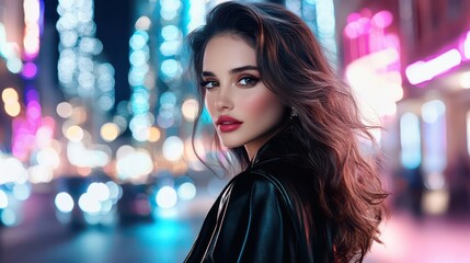 Fototapeta premium A woman with long dark hair gazes sideways in the city lights on a vibrant night
