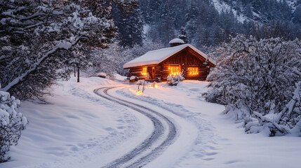 A snowy, winding path leading to a cozy cabin with lights in the windows