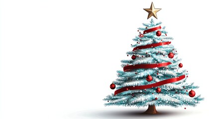 Decorated Christmas tree with star on top, isolated on white background.