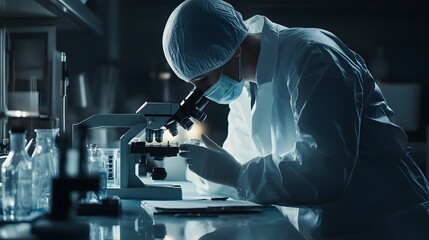 A forensic scientist in a crime lab examining evidence